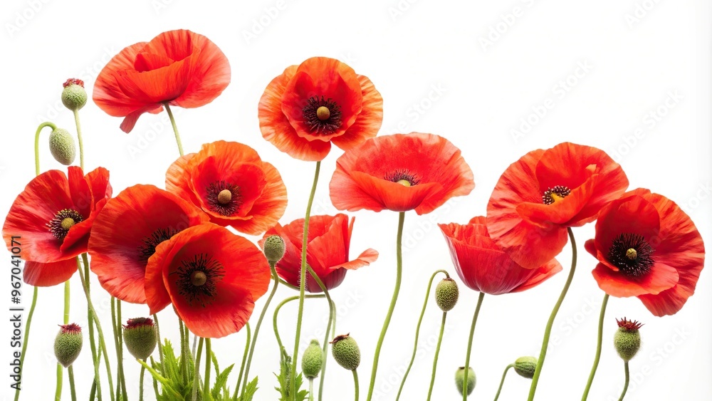 Naklejka premium Vibrant red poppy flowers against white background
