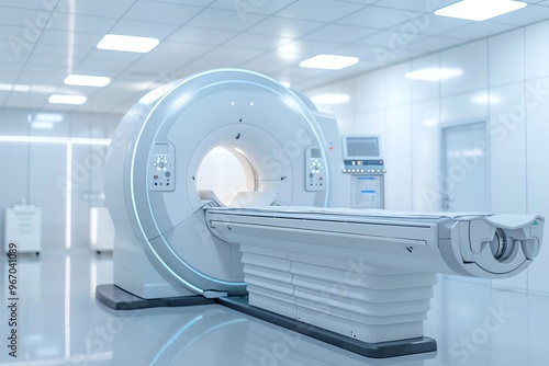 Modern MRI scanner in a clean, white medical facility. Advanced imaging technology in a clinical environment. Healthcare equipment.