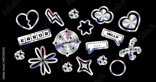 Set of holographic stickers in a trendy retro style y2k. Inscription error, lightning, heart. Vector design elements for advertising materials, social networks