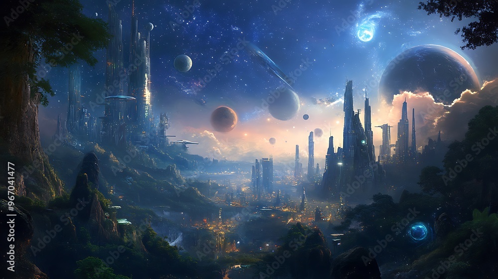 A futuristic city with tall buildings, flying vehicles, and a starry night sky. The city is lit up with lights, and there are several planets visible in the sky. A futuristic city with tall buildings, flying vehicles, and a starry night sky. The city is lit up with lights, and there are several planets visible in the sky.