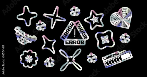 Set of stickers with metallic effect in y2k style. Error, loading, stars. Vector design elements for advertising materials, social networks