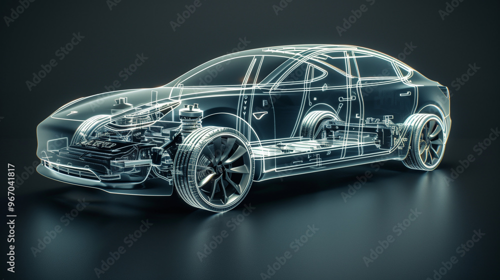 A line art 3D illustration displays a modern electric car chassis x-ray, revealing the vehicle battery in a studio environment. A line art 3D illustration displays a modern electric car chassis x-ray, revealing the vehicle battery in a studio environment.