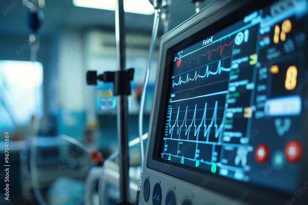 Close-up image of a medical monitor displaying heart rate data in an ICU setting, highlighting advanced healthcare technology. Close-up image of a medical monitor displaying heart rate data in an ICU setting, highlighting advanced healthcare technology.