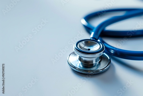 Close-up of a blue stethoscope on a white surface, depicting medical equipment essential for healthcare and diagnosis in hospitals and clinics.