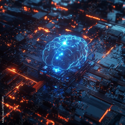 A glowing blue brain sits on a circuit board, representing artificial intelligence and the future of technology.