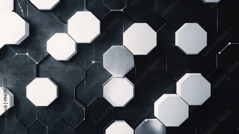 A dark background features a pattern of white and gray hexagons. This geometric design represents technology, possibly blockchain or scientific concepts. A dark background features a pattern of white and gray hexagons. This geometric design represents technology, possibly blockchain or scientific concepts.