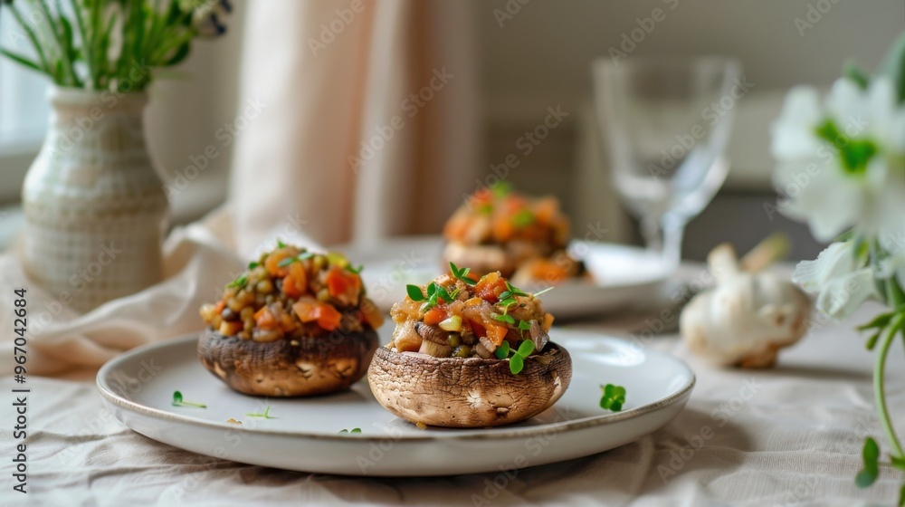 Stuffed Portobello Mushrooms on a plain beige table with an elegant flower vase, next to soft cream curtains, emphasizing the hearty, savory filling, in a minimal aesthetic, copy space - Stuffed Portobello Mushrooms on a plain beige table with an elegant flower vase, next to soft cream curtains, emphasizing the hearty, savory filling, in a minimal aesthetic, copy space -