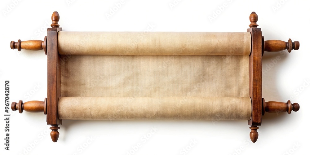 Obraz premium Vintage blank scroll, wooden handles, wide-angle, isolated, white background