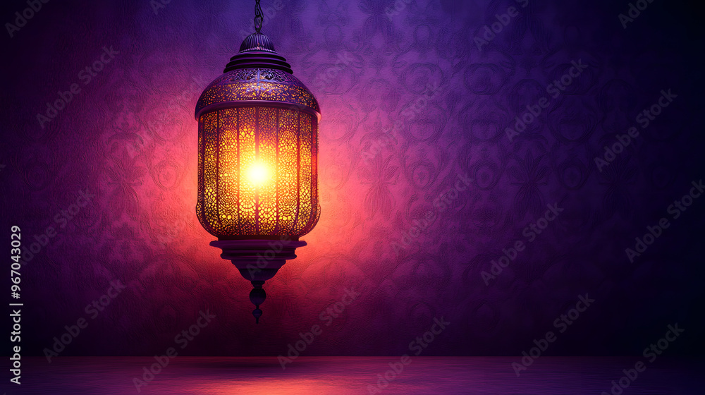 Obraz premium Luminous lantern on purple background with copy space.