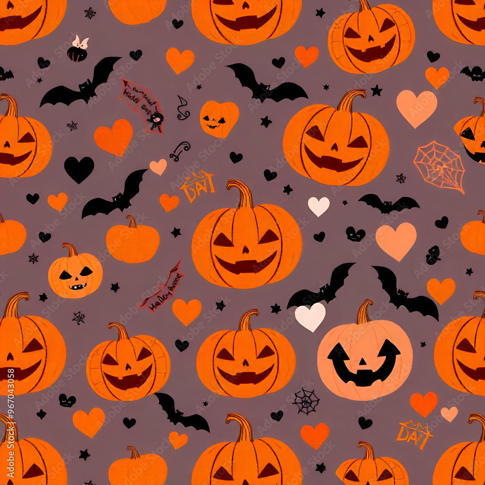 A seamless pattern featuring various carved pumpkin jack-o'-lanterns with happy expressions. The pumpkins have the classic Halloween orange color and carved facial features A seamless pattern featuring various carved pumpkin jack-o'-lanterns with happy expressions. The pumpkins have the classic Halloween orange color and carved facial features