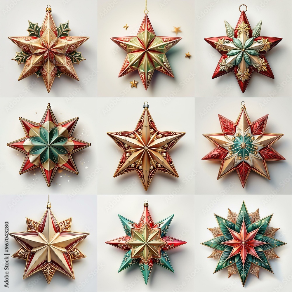 Obraz premium Nine ornate star-shaped Christmas decorations in red, green and gold with intricate designs.