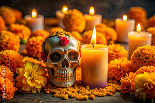 Decorative skull surrounded by marigolds and glowing candles, representing Día de los Muertos and the honoring of the dead.
 photo