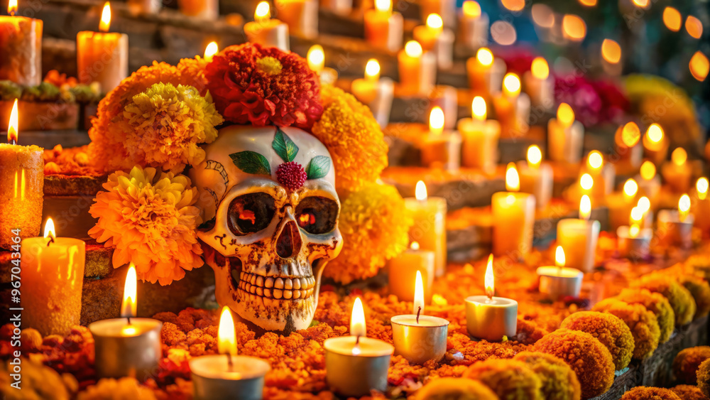 Day Of The Dead Altar With Sugar Skull, Marigolds, And Candles. A Traditional Celebration Of Life And Remembrance. Day Of The Dead Altar With Sugar Skull, Marigolds, And Candles. A Traditional Celebration Of Life And Remembrance.