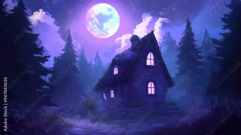 custom made wallpaper toronto digitalNighttime forest with moonlit sky, cabin with glowing windows