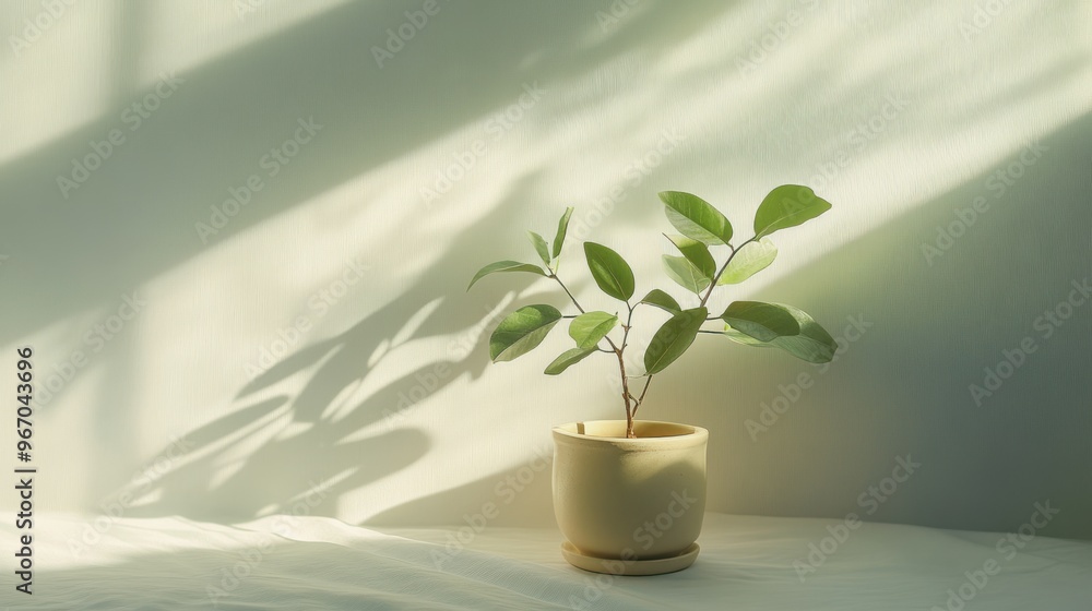 A potted plant with green leaves in a light-filled room A potted plant with green leaves in a light-filled room