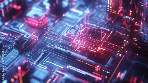 Wallpaper Mural Futuristic Circuit Technology: Abstract Digital Design with Neon Lines and Glowing Patterns for Engineers in Electronics and AI Visualization, Cybersecurity, and 3D Aesthetic Innovation Torontodigital.ca