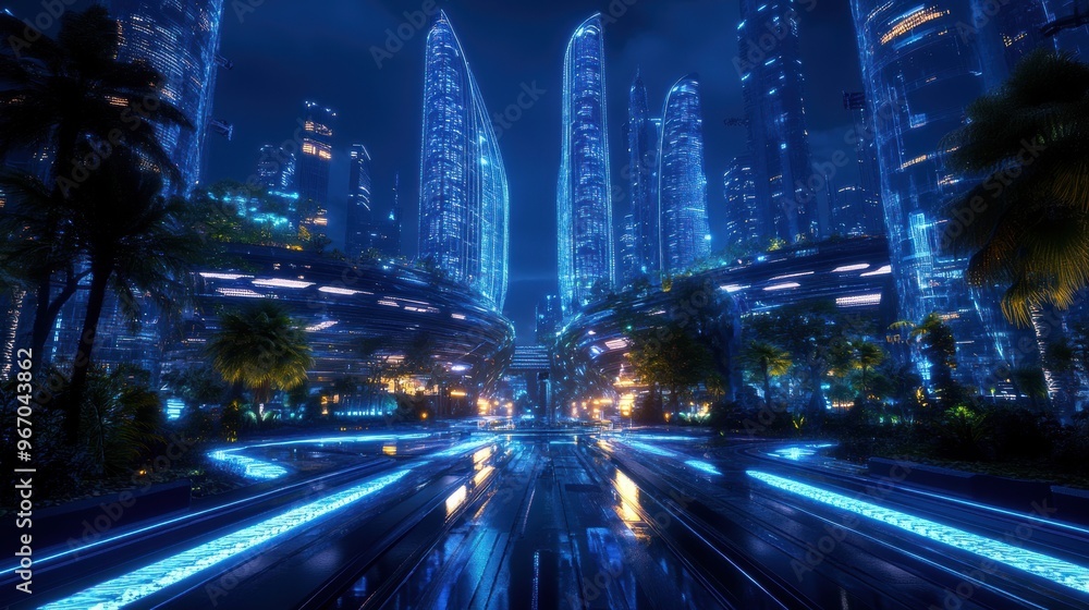 Fototapeta premium A futuristic city at night is illuminated by clean energy and bioluminescent trees, blending nature and technology seamlessly