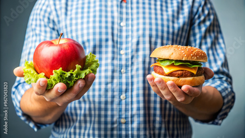 Healthy choice:  apple and burger in hand. photo