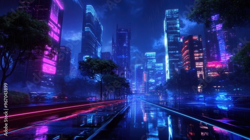 A futuristic city at night is illuminated by clean energy and bioluminescent trees, blending nature and technology seamlessly