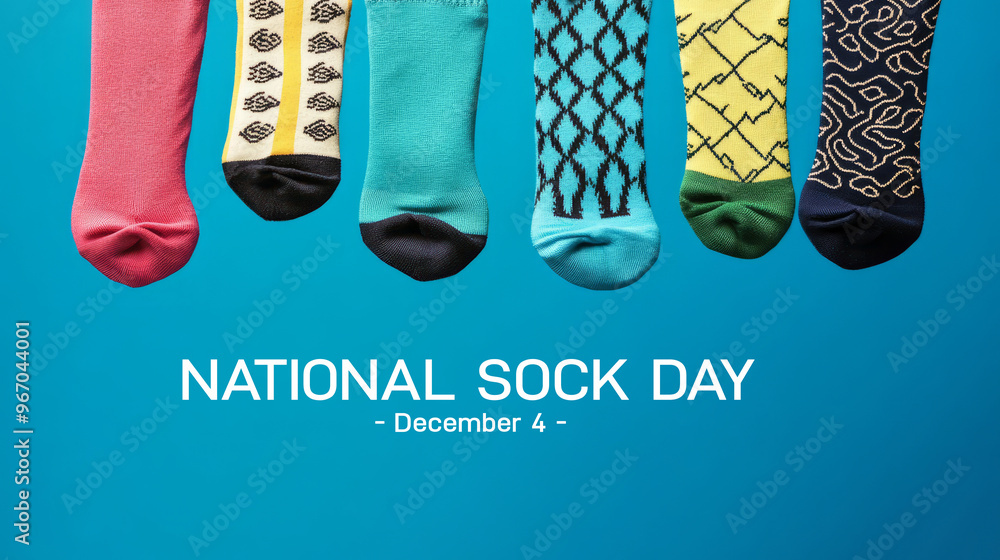 Fototapeta premium National Sock Day - December 4 - Colorful Socks Hanging On Blue Background.