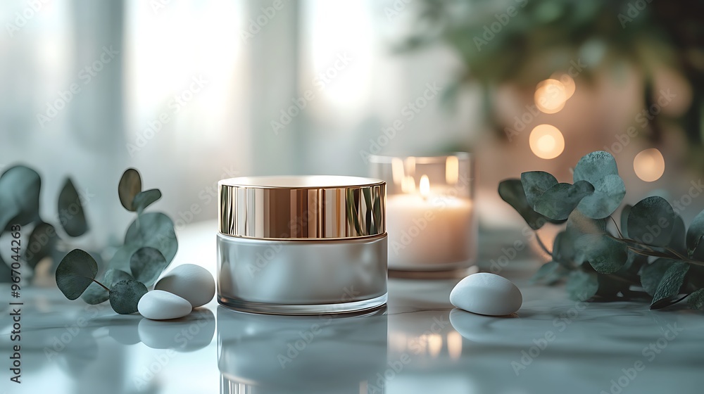 Luxury Skincare Products with Eucalyptus and Stones on Marble Surface Luxury Skincare Products with Eucalyptus and Stones on Marble Surface