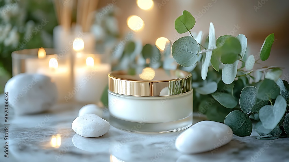 Luxury Spa Products with Eucalyptus and Candles on Marble Luxury Spa Products with Eucalyptus and Candles on Marble