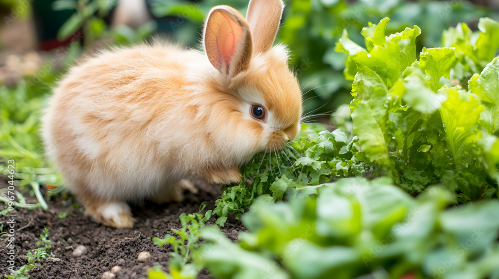 Fototapeta premium bunny exploring a vegetable garden, sniffing at the fresh greens with a curious expression on its face