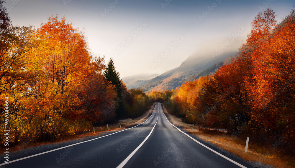 A long road lined with trees on both sides, set against an autumnal landscape. A long road lined with trees on both sides, set against an autumnal landscape.