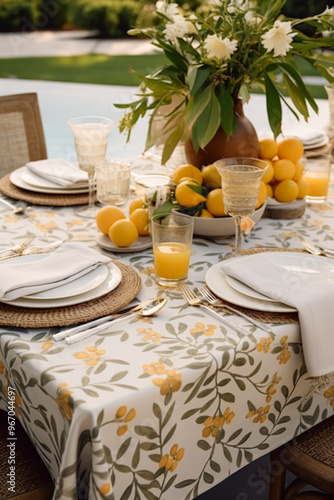 Botanical holiday tablescape, outdoor English country table setting, table scape with elegant tableware and dinnerware for wedding party and event, post-processed, generative ai