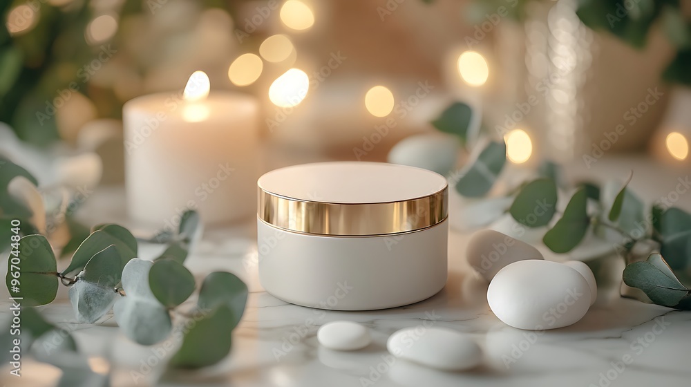 Spa Products on Marble with Eucalyptus Leaves and Candles Spa Products on Marble with Eucalyptus Leaves and Candles