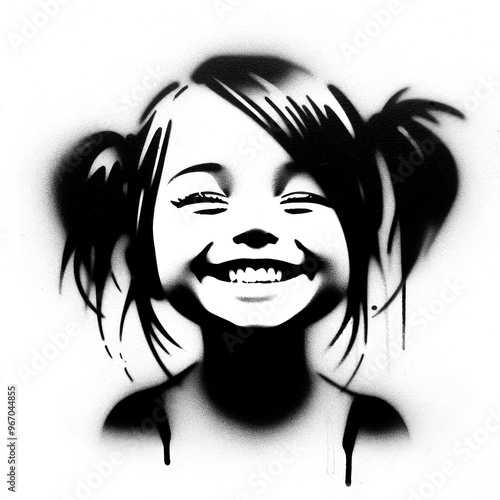 happy little girl graffiti stencil-art style,black and white, generative ai