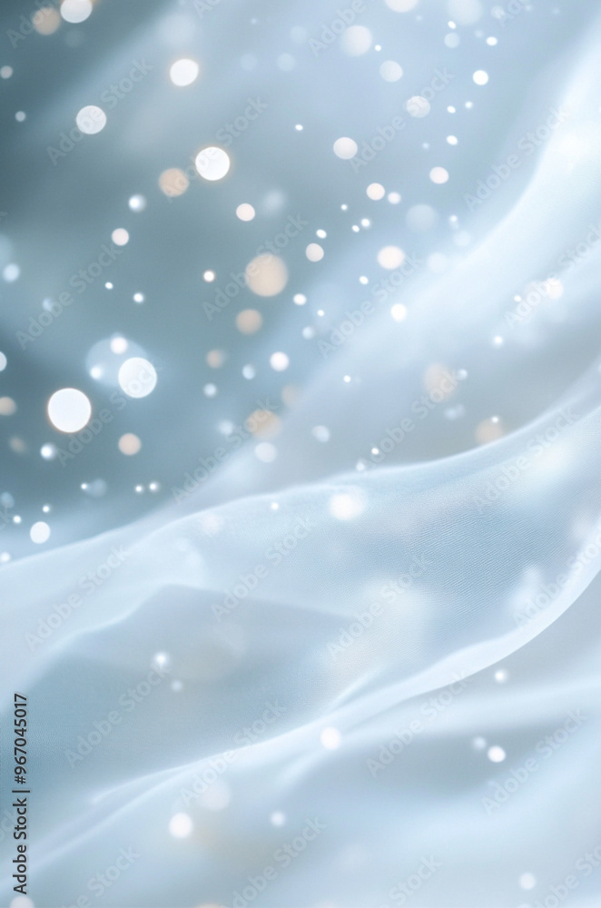 White silk background with blurred light blue circles, white dots, circles in the center of the screen. Blurred edges of light blue spots on the left side of the frame. White cloth White silk background with blurred light blue circles, white dots, circles in the center of the screen. Blurred edges of light blue spots on the left side of the frame. White cloth