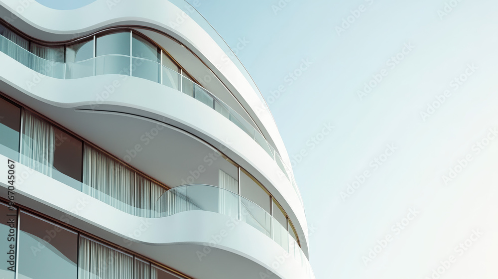 Fototapeta premium Modern Architectural Design of a Luxurious Building with Curves and Glass Facade, Featuring a Serene Skyline and Aesthetic Perspectives in Urban Environment, Celebrating Minimalism and Light