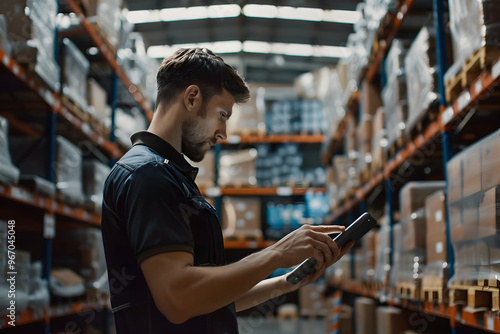 倉庫作業中の男性がタブレットを使って在庫管理を行うシーン