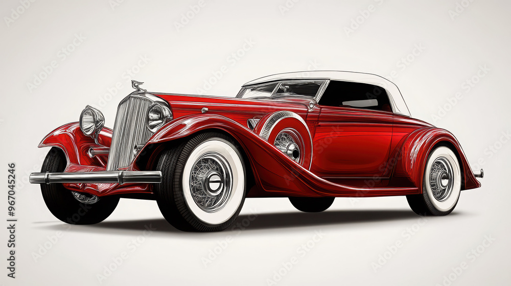 Fototapeta premium Vintage Car Elegance: A Classic Red Convertible with Chrome Wheels and Whitewalls, Combining Retro Design and Sophisticated Craftsmanship for Automotive Art and Timeless Appeal