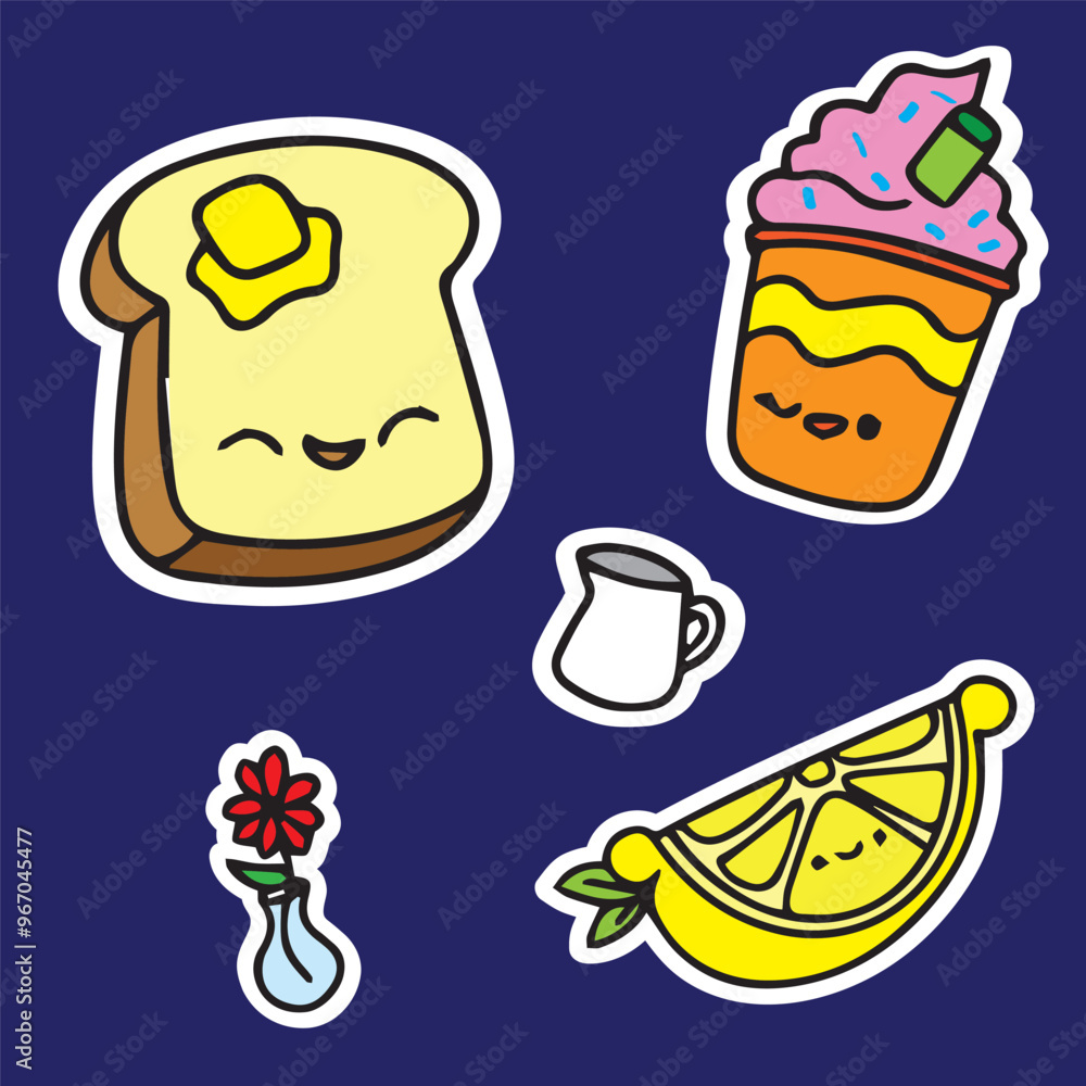 food icons set bread butter toast ice cream lemon flower vase jug sticker cartoon set high quality vector for prints children cute adorable food icons set bread butter toast ice cream lemon flower vase jug sticker cartoon set high quality vector for prints children cute adorable