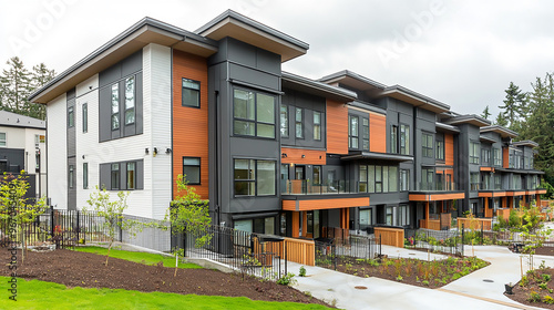 Fototapeta Naklejka Na Ścianę i Meble -  Front view of a row of modern townhouses, each with unique facades, large windows, and small landscaped front yards, capturing urban residential architecture