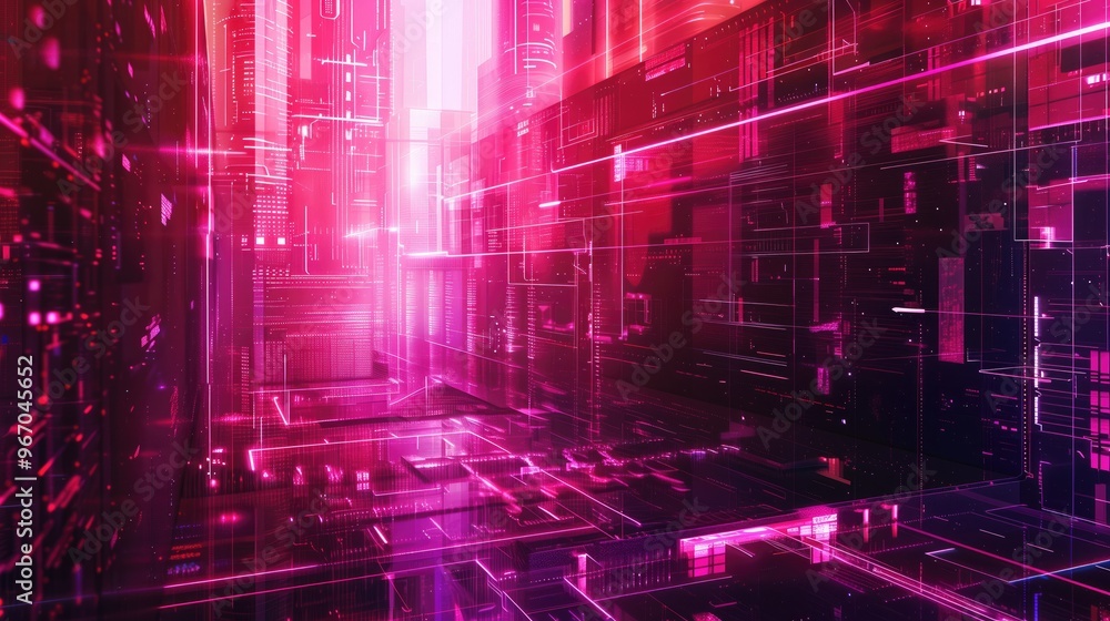 Vibrating printed circuit board and data flow in digital network.Neon technological brightly colored banner. Vibrating printed circuit board and data flow in digital network.Neon technological brightly colored banner.
