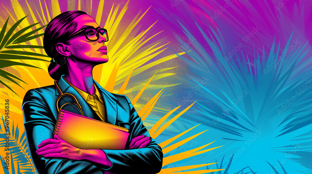 A woman in a business suit is holding a purse and looking to her right. The image is colorful and vibrant, with a tropical theme. The woman's posture and the purse suggest that she is confident A woman in a business suit is holding a purse and looking to her right. The image is colorful and vibrant, with a tropical theme. The woman's posture and the purse suggest that she is confident