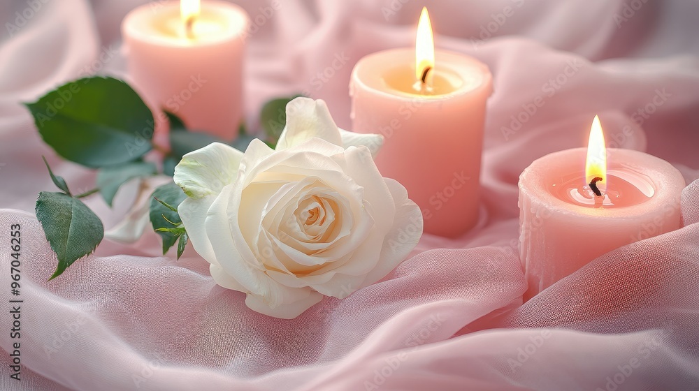 A love-themed arrangement with a white rose and pink candles on a soft fabric background. Focus point. No people. No logo. A love-themed arrangement with a white rose and pink candles on a soft fabric background. Focus point. No people. No logo.