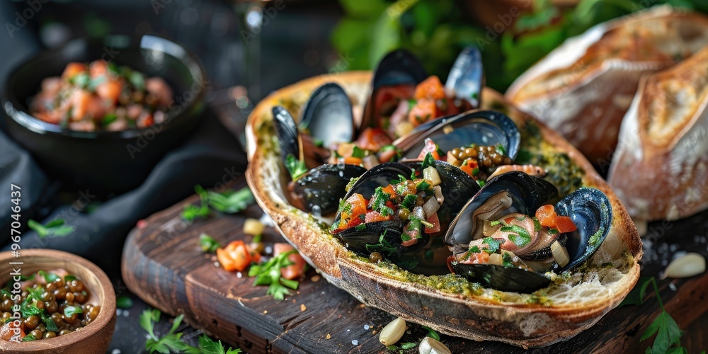 Mussels and Garlic in Clamshell with Red Salmon Caviar on Pesto French Bread in Nautical Ambiance Mussels and Garlic in Clamshell with Red Salmon Caviar on Pesto French Bread in Nautical Ambiance
