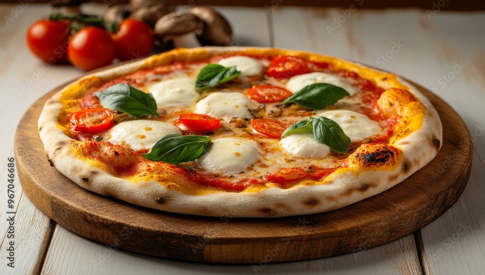 A pizza with mozzarella cheese and fresh basil on top