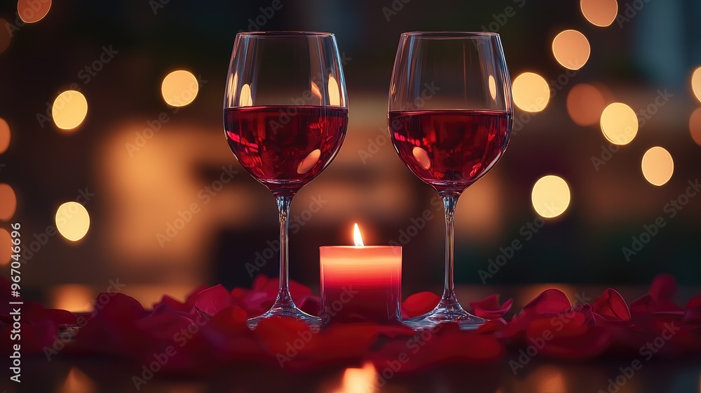 A soft focus image of two red wine glasses with rose petals and a lit candle between them. Focus point. No people. No logo. A soft focus image of two red wine glasses with rose petals and a lit candle between them. Focus point. No people. No logo.