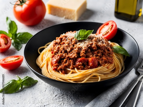 Pasta spaghetti bolognese with minced beef sauce, tomatoes, parmesan cheese and fresh basil in a plate.