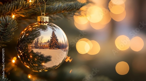 A golden Christmas ornament reflects a snowy winter scene with a house and trees in the background, with bokeh lights.