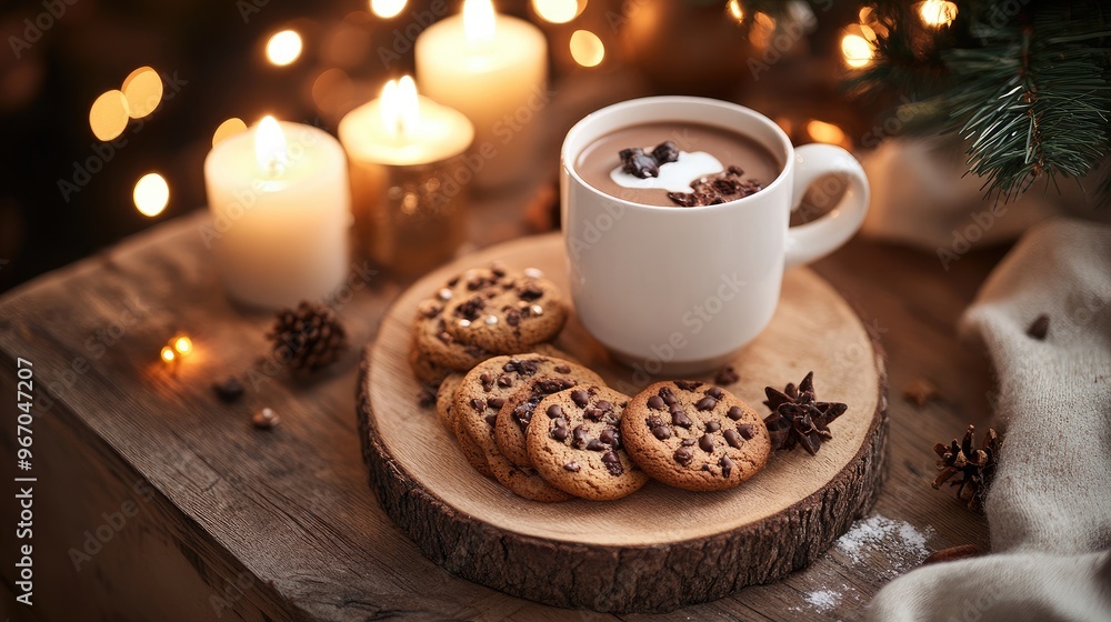Christmas cookies and hot chocolate placed on a wooden table, with soft candlelight in the background. Focal point. No people. No logo. Christmas cookies and hot chocolate placed on a wooden table, with soft candlelight in the background. Focal point. No people. No logo.