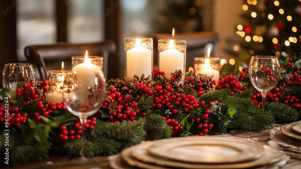 Christmas table centerpiece with holly, red berries, and candles, set for a cozy dinner. Focal point. No people. No logo. Christmas table centerpiece with holly, red berries, and candles, set for a cozy dinner. Focal point. No people. No logo.