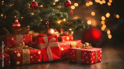 Christmas gift boxes wrapped in festive paper and ribbons, arranged under a decorated tree. Focal point. No people. No logo.