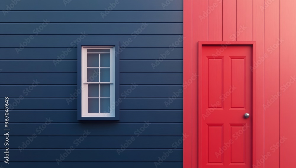 A dark blue house on one side and a red door on the other A dark blue house on one side and a red door on the other