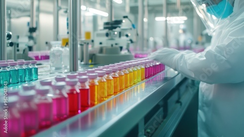 A Scientist in a Lab Coat Overseeing a Production Line of Colorful Glass Vials